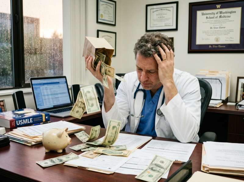 Médico preocupado com finanças